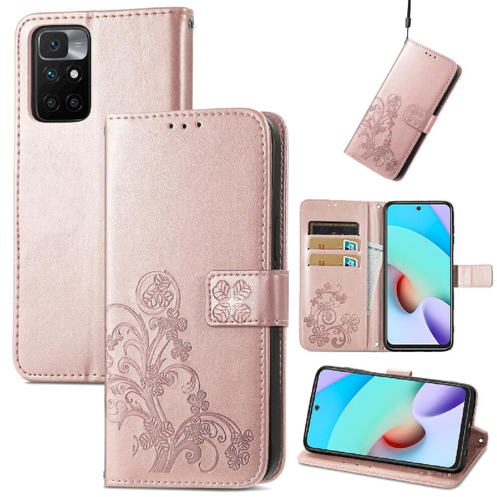 (Gold) Case For Xiaomi Redmi 10 Leather Case Exquisite Business Short Strap Four Leaf Clover Flip Cover Gold 764499974432