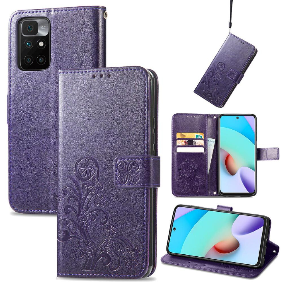 ( Violet) Case For Xiaomi Redmi 10 Leather Case Exquisite Business Short Strap Four Leaf Clover Flip Cover Dark 764499974463