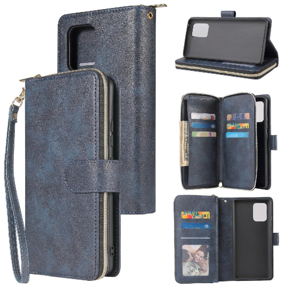 Photos - Case   For Samsung Galaxy S10 Lite Card Holder Zipper Pocket Wallet  With 9 Card Slots With Hand Strap Flip Cover(Blue)