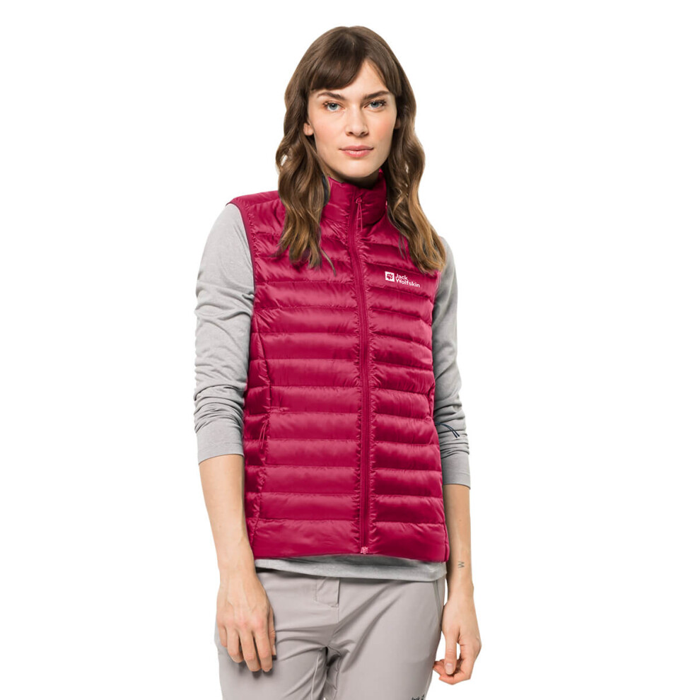 (S, Cranberry) Jack Wolfskin Womens 2022 Pack And Go Down Sleeveless Waterproof Gilet