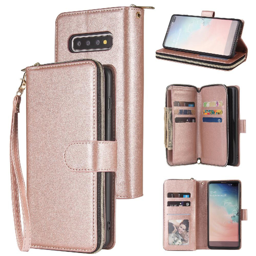 (Pink) Case For Samsung Galaxy S10 Flip Cover Wallet Case With 9 Card Slots Card Holder Zipper Pocket With Hand Strap