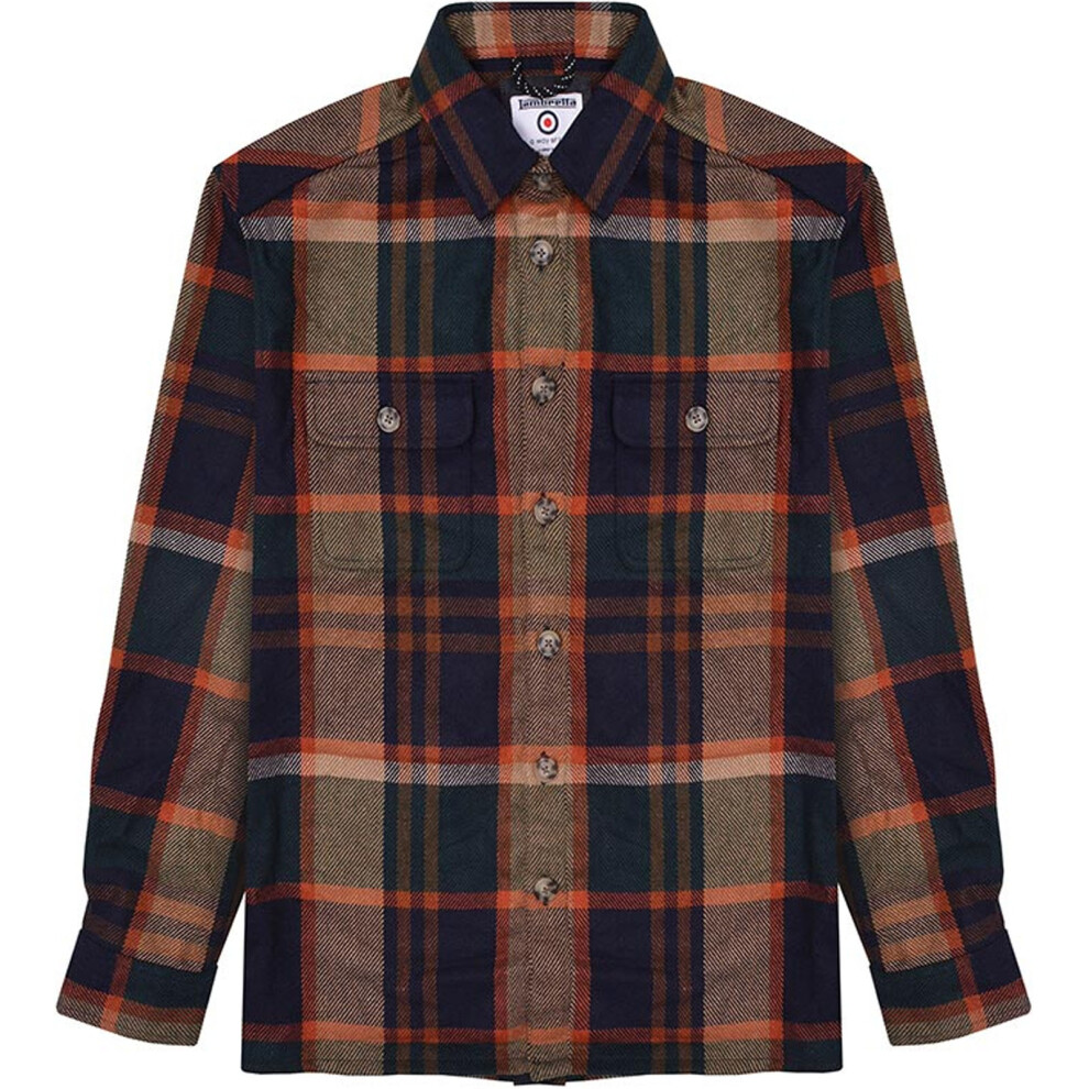 (M, Brown/Orange) Lambretta Mens Wool Long Sleeve Checked Over Shirt Shacket - Brown/Orange