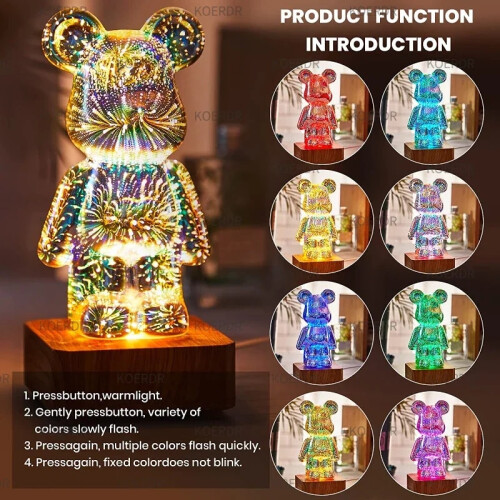 (7 colors) 3D Fireworks Bear Night Light Projection Colorful Dimming Decorative