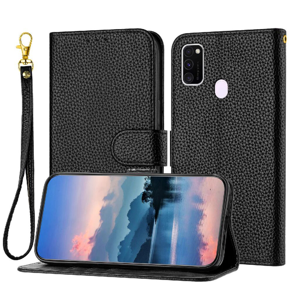 (Black) Phone Case For Samsung Galaxy M30s/M21 Flip Folio Litchi Pattern Wallet Card Slots Holder Pu Lether Black 764499976528