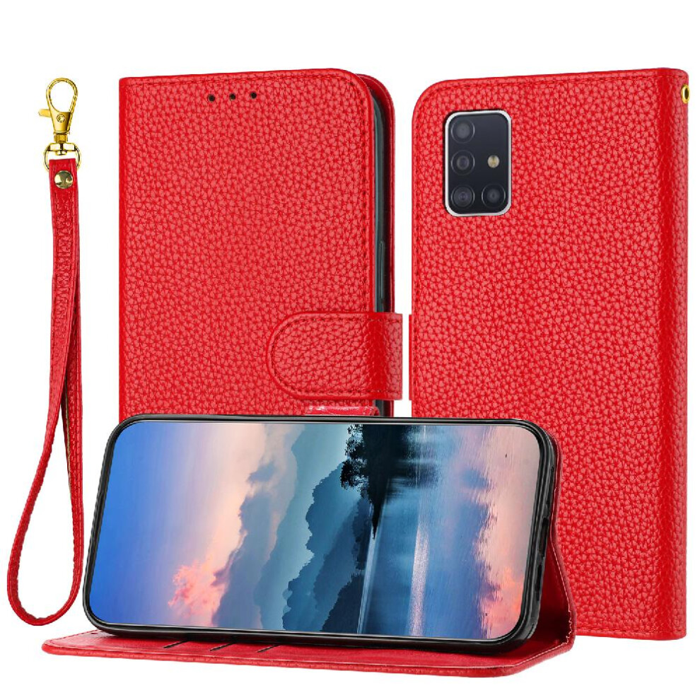 (Red) Phone Case For Samsung Galaxy A71 5G Card Slots Holder Pu Lether Litchi Pattern Wallet Flip Folio Red 764499976788