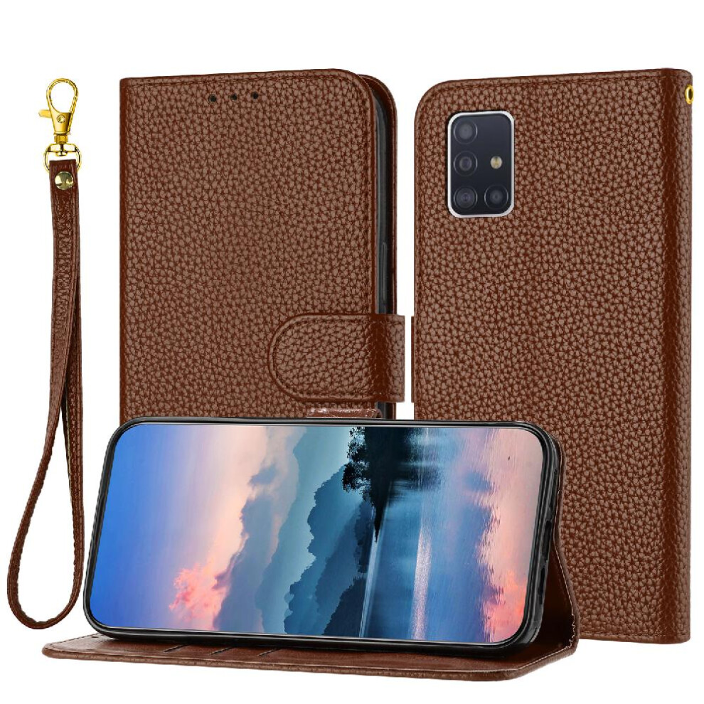 (Brown) Phone Case For Samsung Galaxy A51 5G Card Slots Holder Litchi Pattern Flip Folio Wallet Pu Lether Brown 764499977051