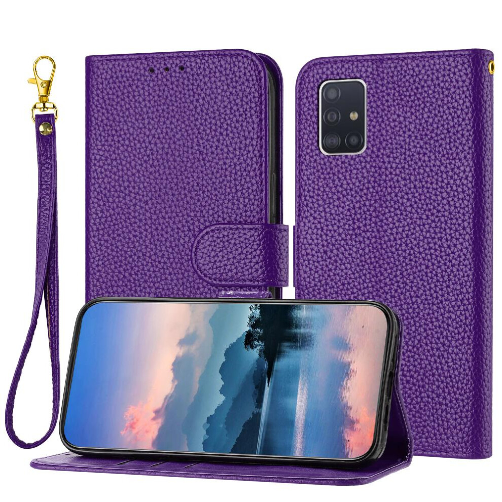(Purple) Phone Case For Samsung Galaxy A51 5G Card Slots Holder Litchi Pattern Flip Folio Wallet Pu Lether Purple 764499977037