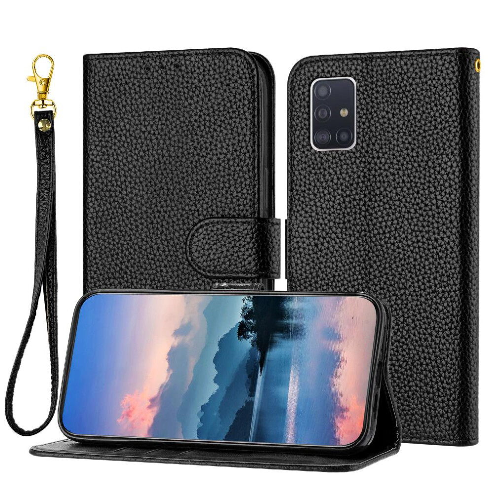 (Black) Phone Case For Samsung Galaxy A51 4G Litchi Pattern Flip Folio Card Slots Holder Wallet Pu Lether Black 764499977129