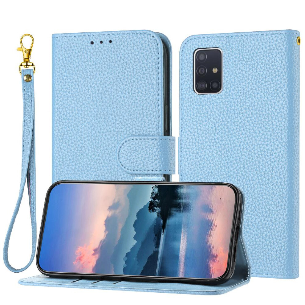 (Light ) Phone Case For Samsung Galaxy A51 4G Litchi Pattern Flip Folio Card Slots Holder Wallet Pu Lether Blue 764499977136