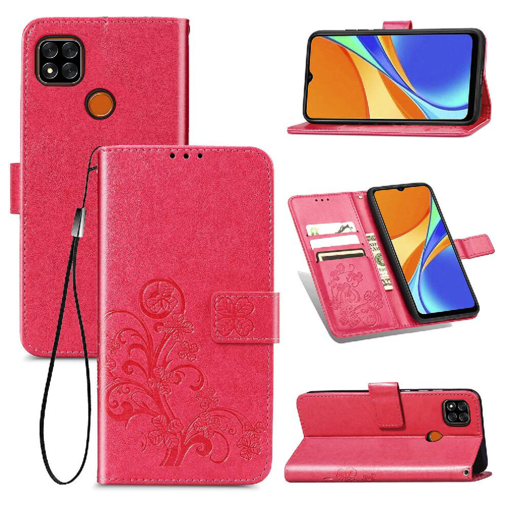 (Pink) Case For Xiaomi Redmi 9C Leather Case Short Strap Four Leaf Clover Exquisite Business Flip Cover Pink 764499977143