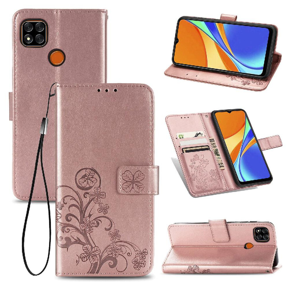 (Gold) Case For Xiaomi Redmi 9C Leather Case Short Strap Four Leaf Clover Exquisite Business Flip Cover Gold 764499977150
