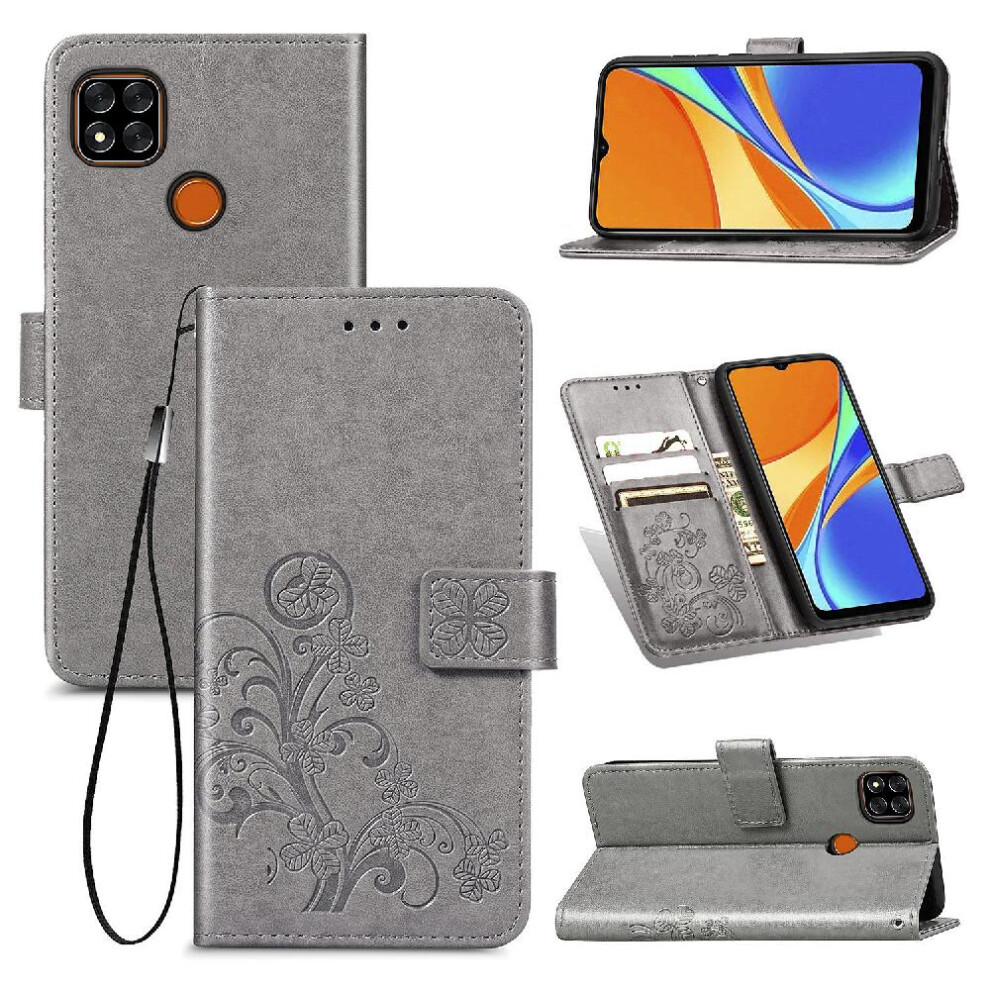 ( ) Case For Xiaomi Redmi 9C Leather Case Short Strap Four Leaf Clover Exquisite Business Flip Cover Gray 764499977167