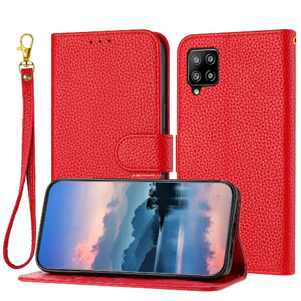 (Red) Phone Case For Samsung Galaxy A42 5G Wallet Litchi Pattern Pu Lether Flip Folio Card Slots Holder Red 764499977259