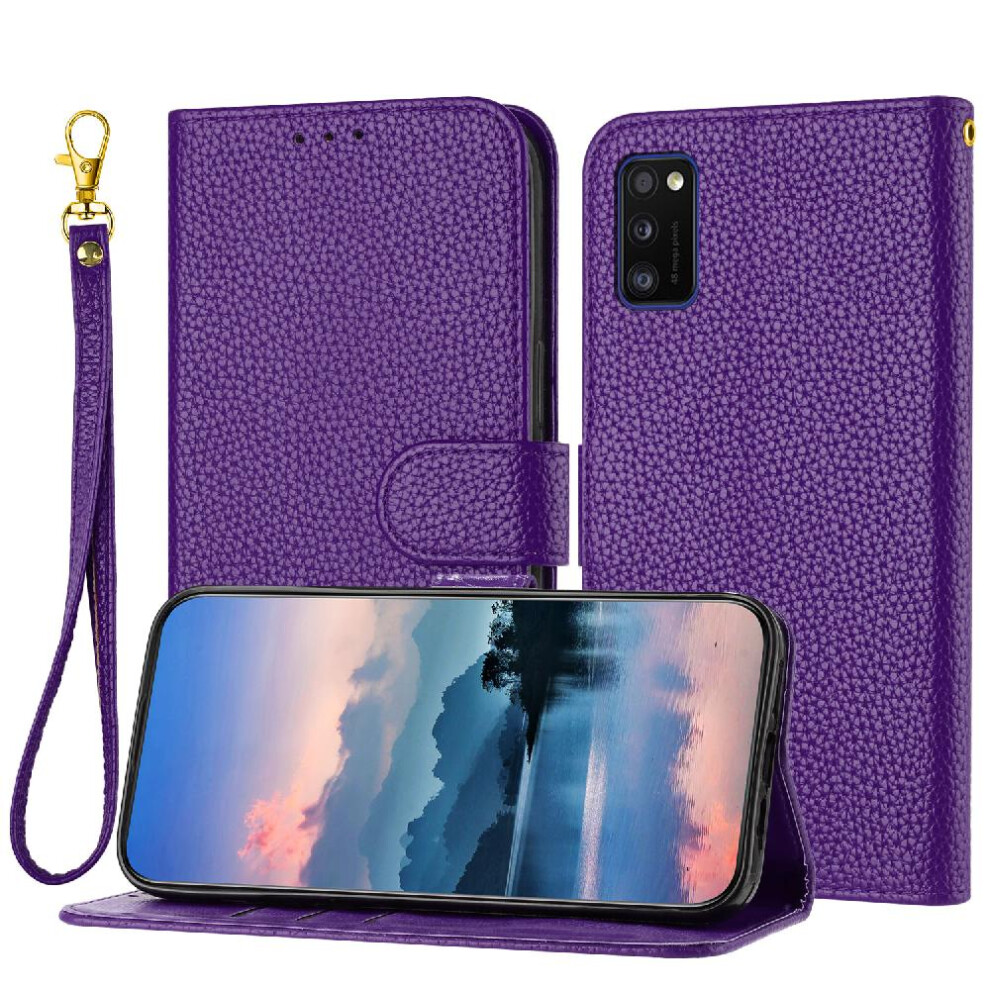 (Purple) Phone Case For Samsung Galaxy A41 Flip Folio Pu Lether Litchi Pattern Card Slots Holder Wallet Purple 764499977327