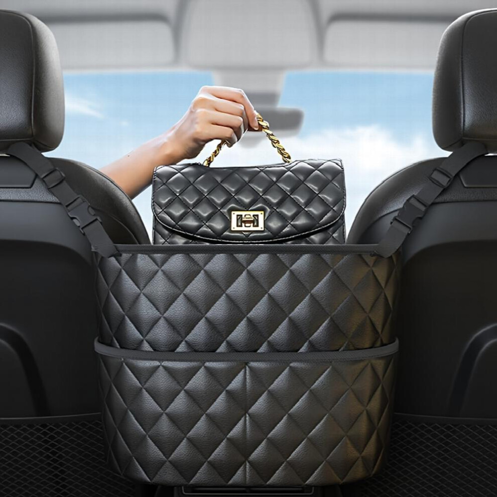 Car Purse Handbag Holder Between Seats Leather Car Seat Back Organizer With 3 Pockets Large Capacity Storage Bag 885682446151