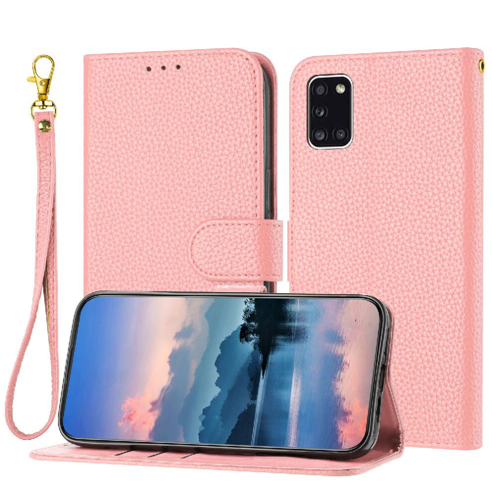 (Pink) Phone Case For Samsung Galaxy A31 Pu Lether Card Slots Holder Flip Folio Litchi Pattern Wallet Pink 764499977679