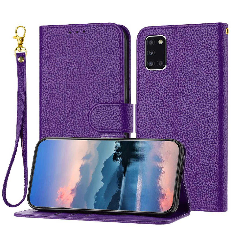 (Purple) Phone Case For Samsung Galaxy A31 Pu Lether Card Slots Holder Flip Folio Litchi Pattern Wallet Purple 764499977662