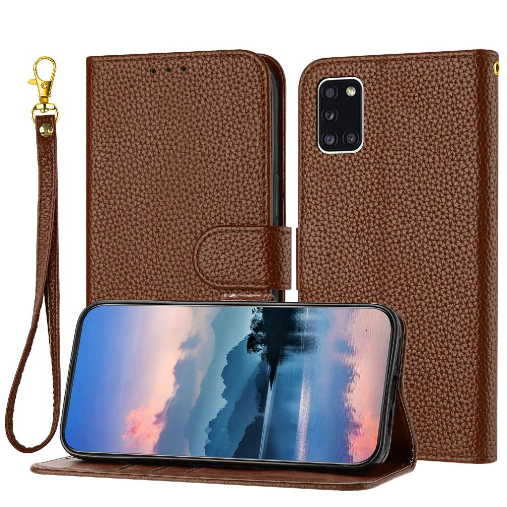 (Brown) Phone Case For Samsung Galaxy A31 Pu Lether Card Slots Holder Flip Folio Litchi Pattern Wallet Brown 764499977686