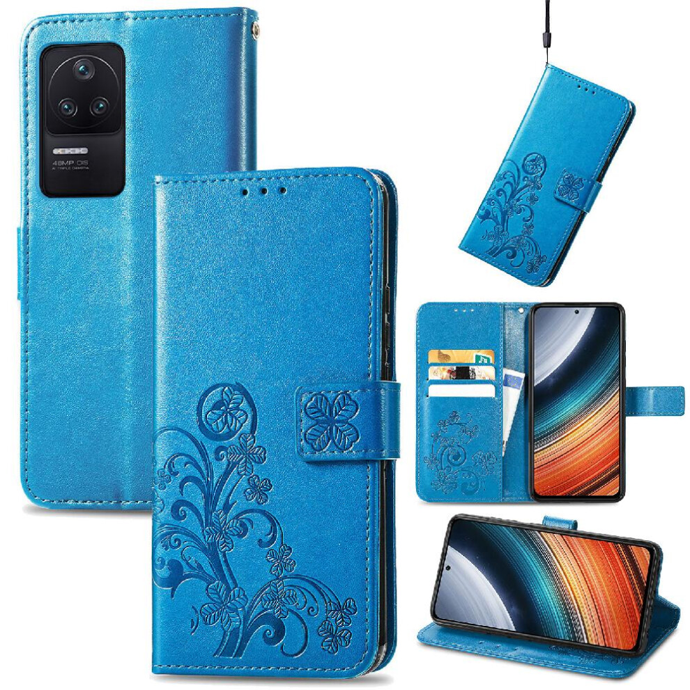 (Blue) Case For Xiaomi Redmi K40s Flip Cover Leather Case Four Leaf Clover Short Strap Exquisite Business Blue 764499977921
