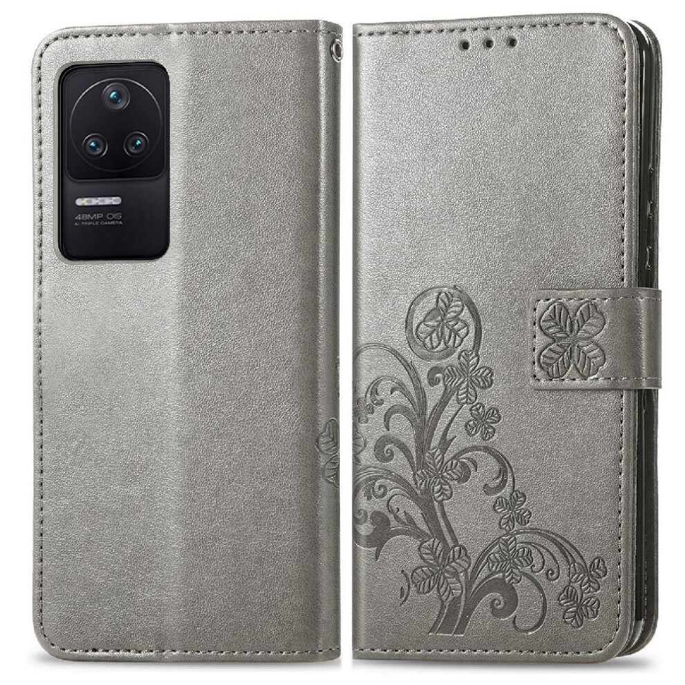 ( ) Case For Xiaomi Redmi K40s Flip Cover Leather Case Four Leaf Clover Short Strap Exquisite Business Gray 764499977914