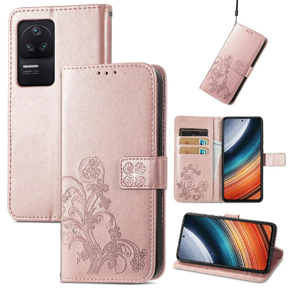 (Gold) Case For Xiaomi Redmi K40s Flip Cover Leather Case Four Leaf Clover Short Strap Exquisite Business Gold 764499977907