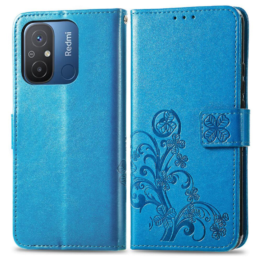 (Blue) Case For Xiaomi Redmi 12C Flip Cover Exquisite Business Leather Case Four Leaf Clover Short Strap Blue 764499978096