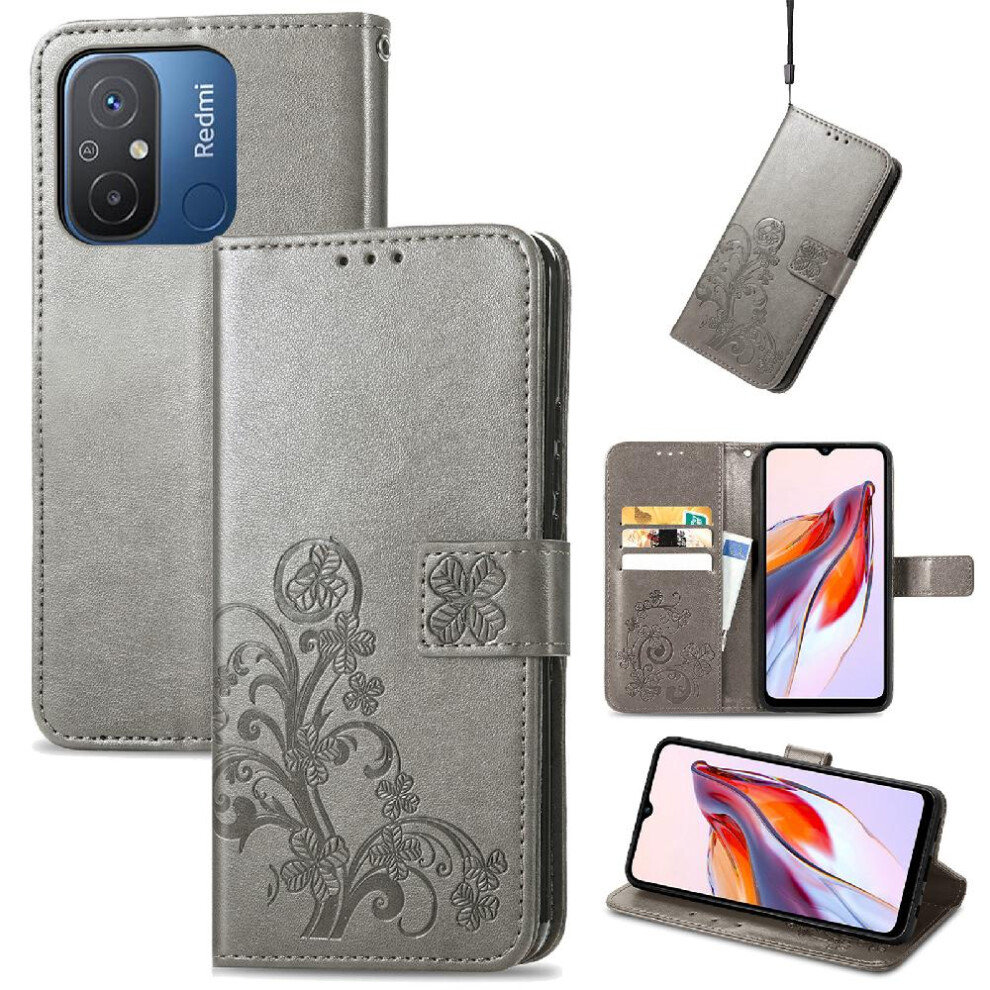 ( ) Case For Xiaomi Redmi 12C Flip Cover Exquisite Business Leather Case Four Leaf Clover Short Strap Gray 764499978089