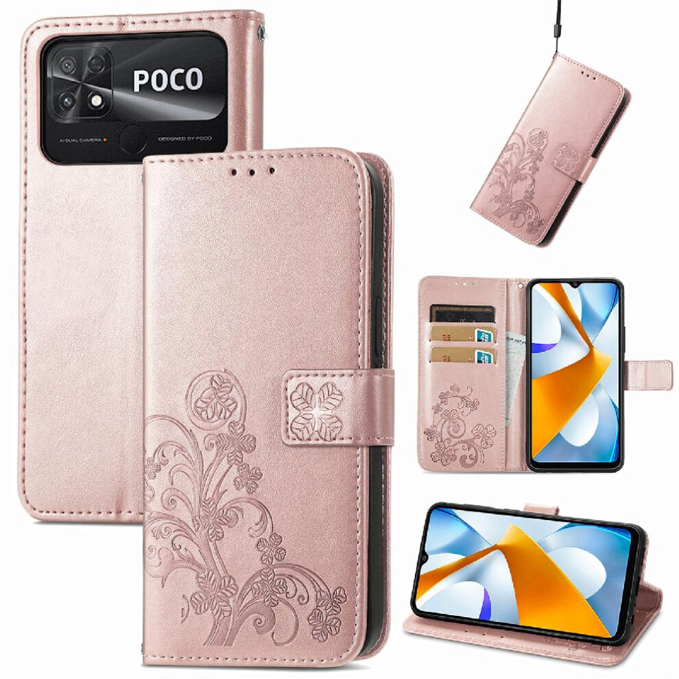 Photos - Case   For Xiaomi POCO C40 Exquisite Business Short Strap Four Leaf Clover Leather  Flip Cover(Gold)
