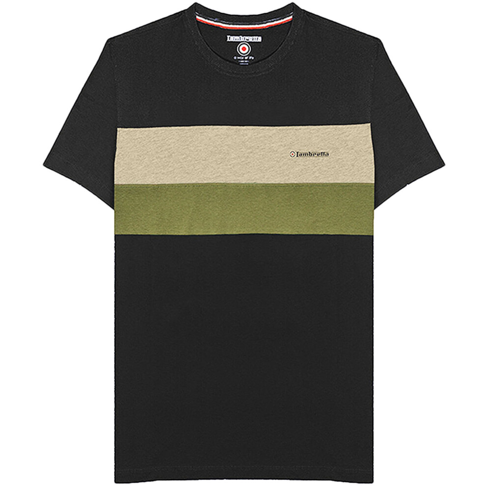 (S, Black) Lambretta Mens Panelled Casual Cotton Crew Neck Short Sleeve T-Shirt Top Tee