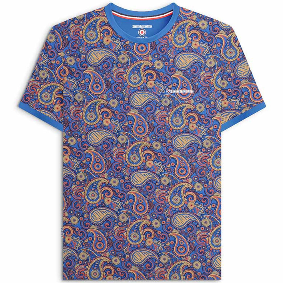 (S, Dark Blue/Sand) Lambretta Mens Paisley Brand Short Sleeve Crew Neck Cotton T-Shirt Top Tee