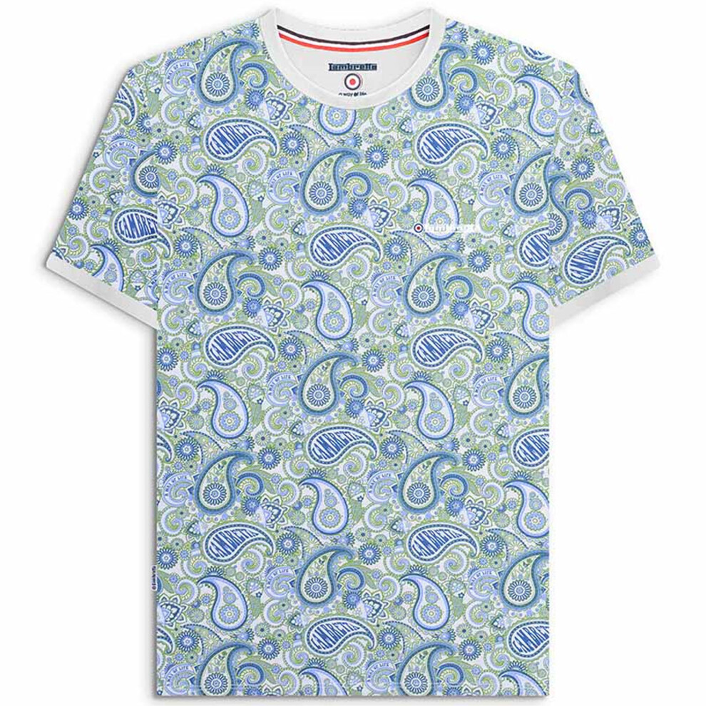 (S, Grey/Navy) Lambretta Mens Paisley Brand Short Sleeve Crew Neck Cotton T-Shirt Top Tee