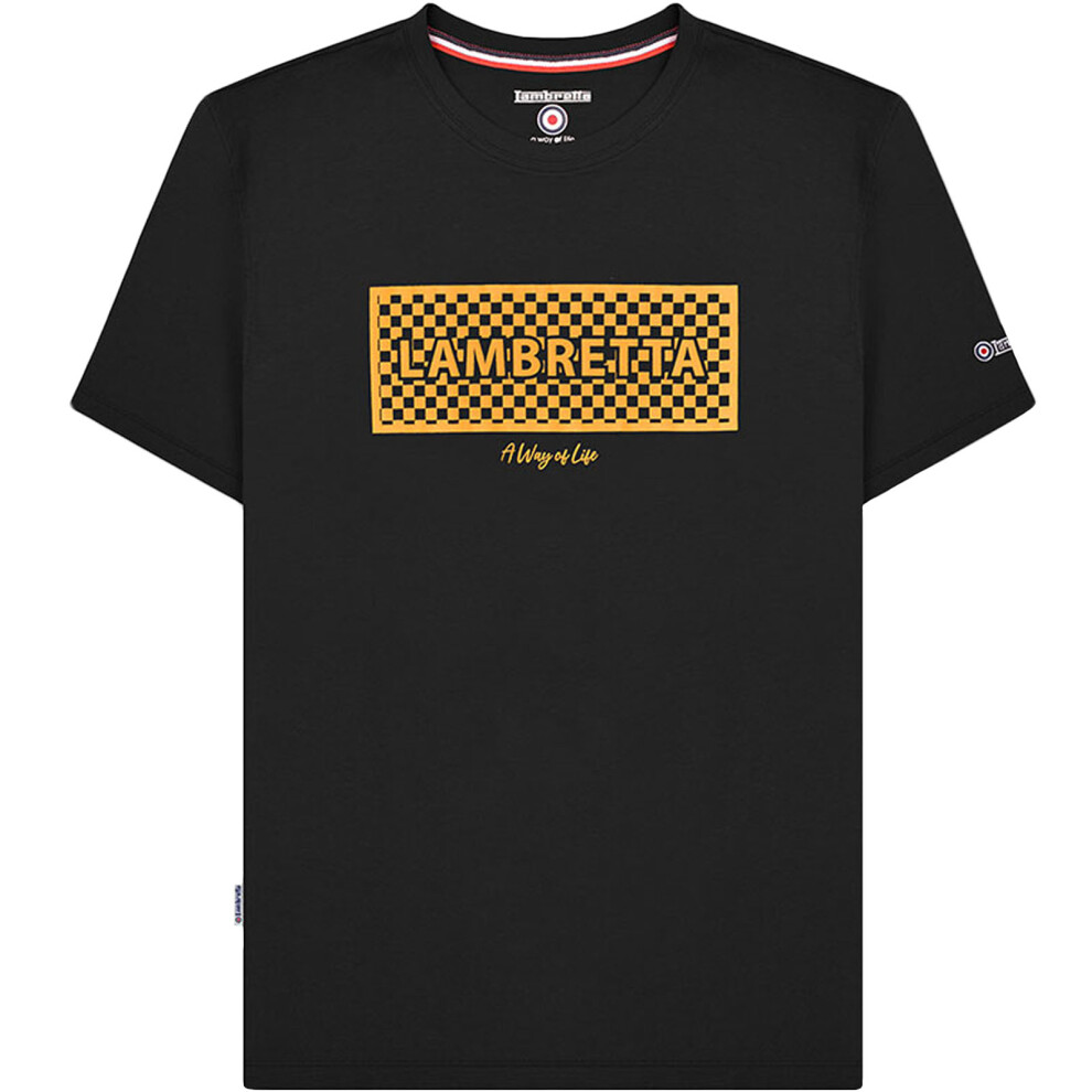 (M, Black) Lambretta Mens Checker Box Short Sleeve Crew Neck T-Shirt Top Tee - Black