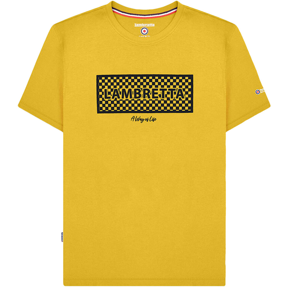 (M, Yellow) Lambretta Mens Checker Box Short Sleeve Crew Neck T-Shirt Top Tee