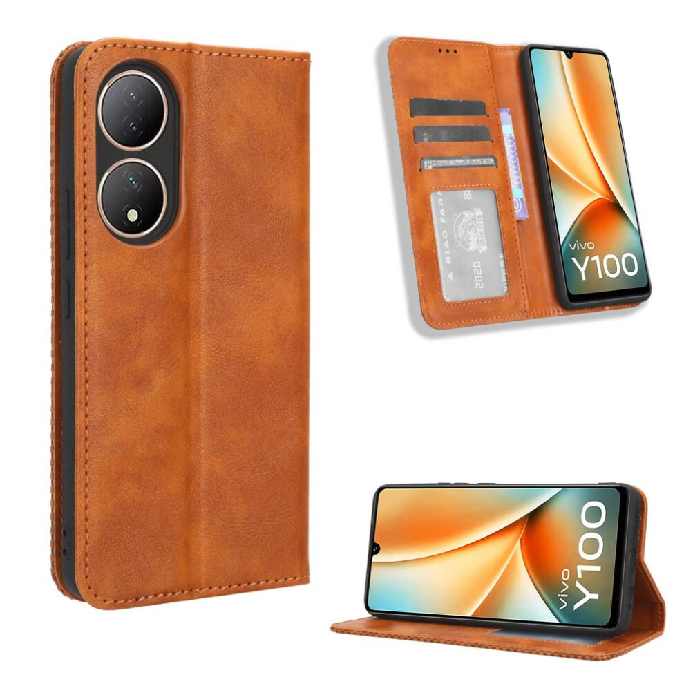 (Brown) Case For Vivo Y100 5G Magnetic Closure Wallet Pu Leather Brown 764499984165