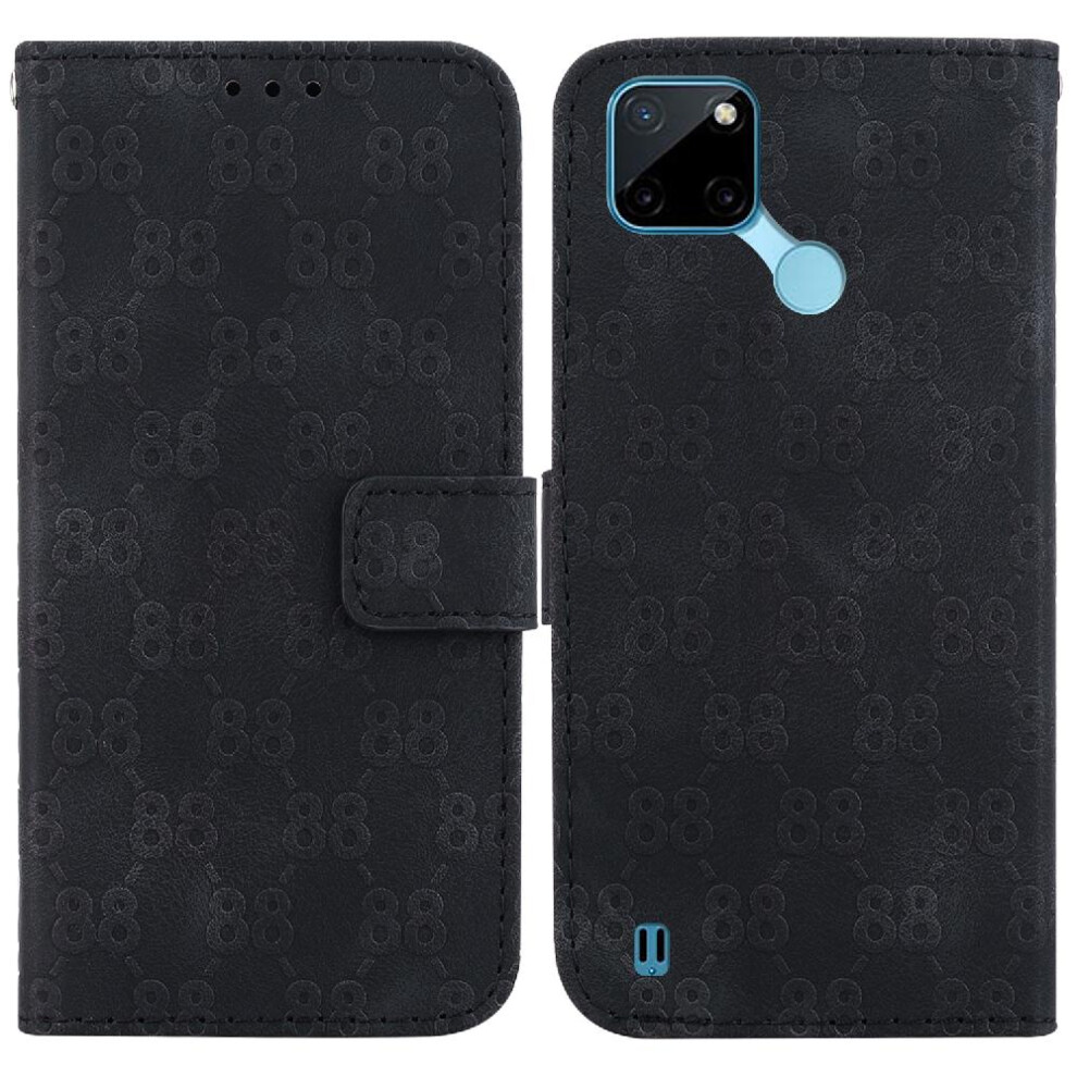 (Black) Phone Case For Realme C21y/C25y Card Holder Double 8 Embossed Pu Leather Kickstand Wallet Cover Black 764499984981