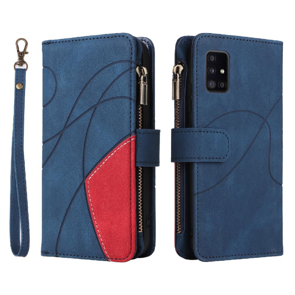 (Blue) Case For Samsung Galaxy A51 5G With Card Slot Stand Kickstand Protective Nine Card Slots Zipper Wallet Style Two-Color Stitching Blue 764499986190