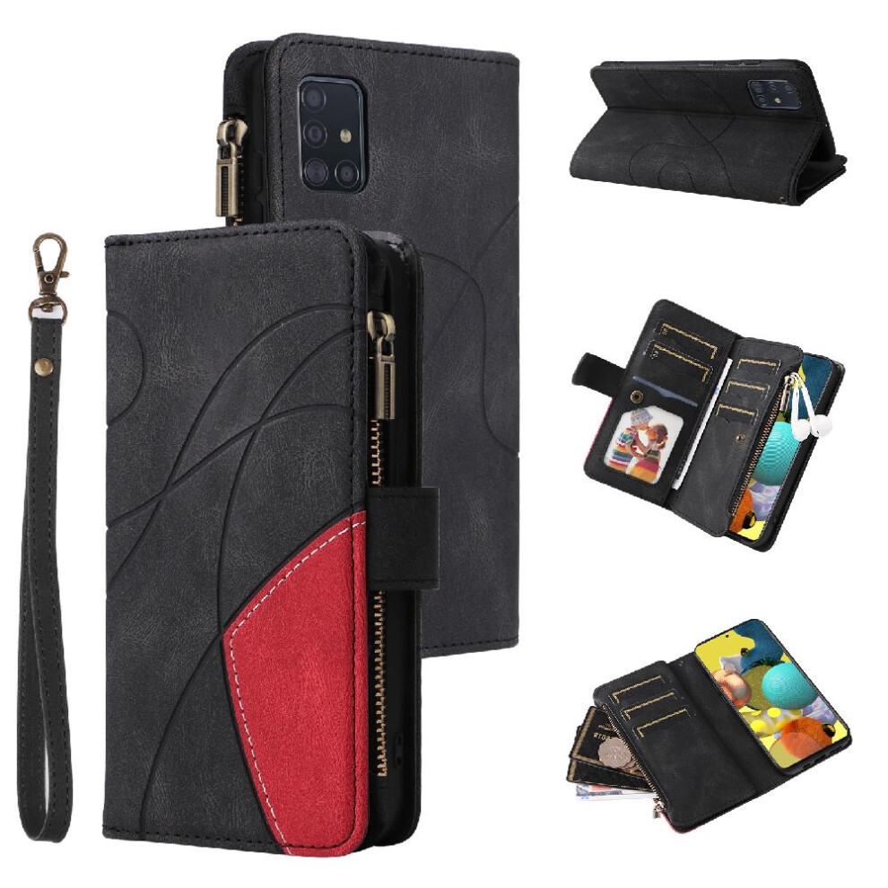 (Black) Case For Samsung Galaxy A51 4G Two-Color Stitching Nine Card Slots With Card Slot Stand Kickstand Protective Zipper Wallet Style Black 764499986206
