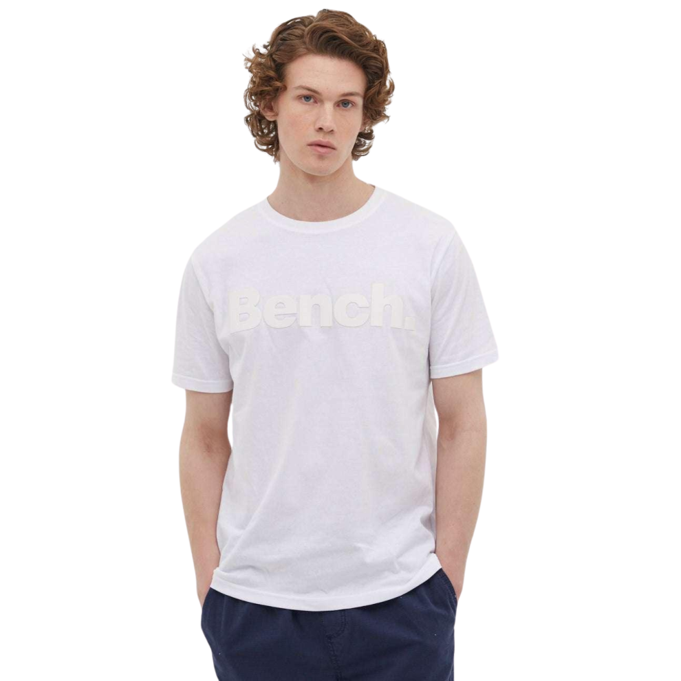 (XXL, White/White) Bench Mens Worsley Casual Crew Neck Cotton Rubberised Logo T-Shirt Top Tee