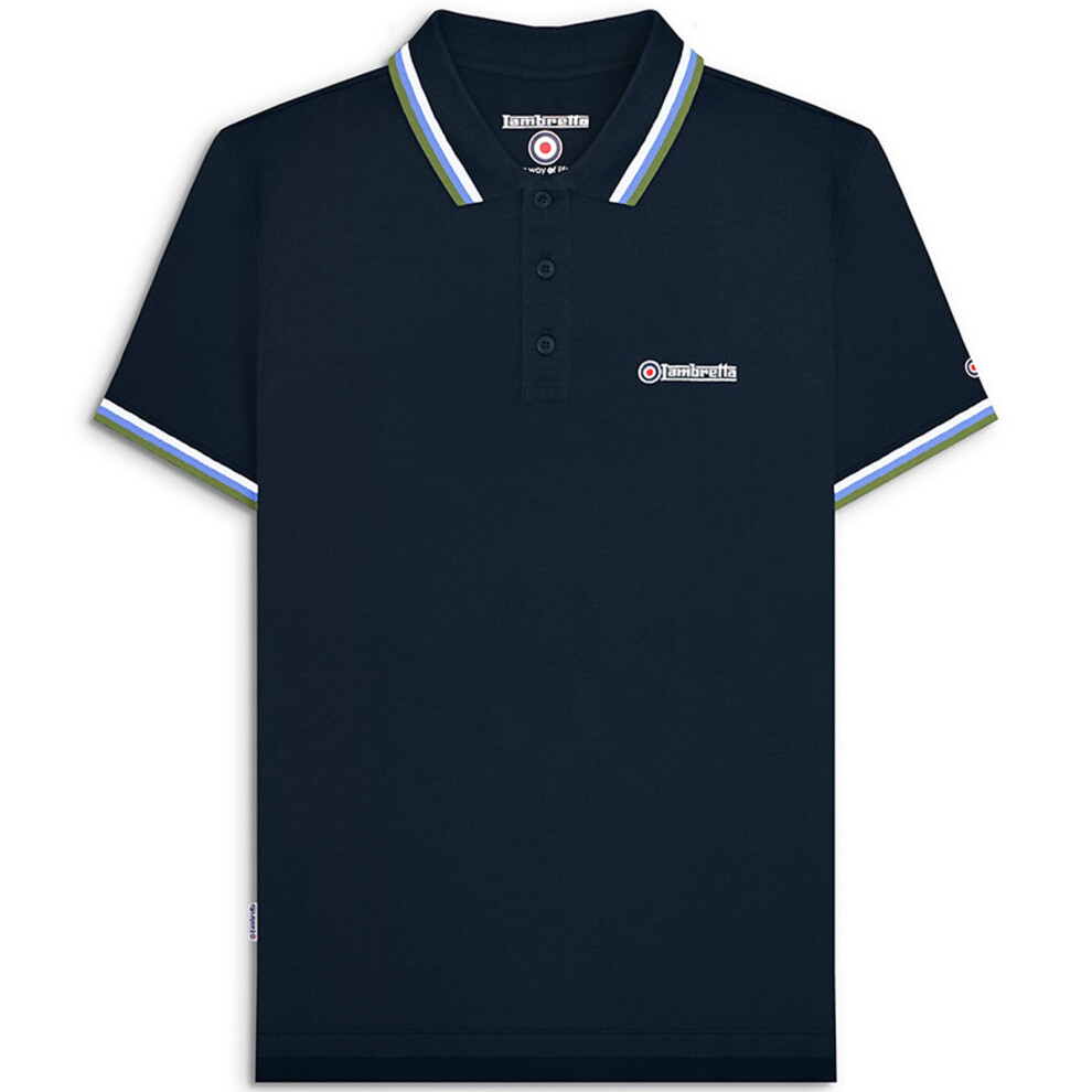 (S, Navy/White/Khaki) Lambretta Mens Triple Tipped Short Sleeve 3 Button Placket Polo Shirt Top