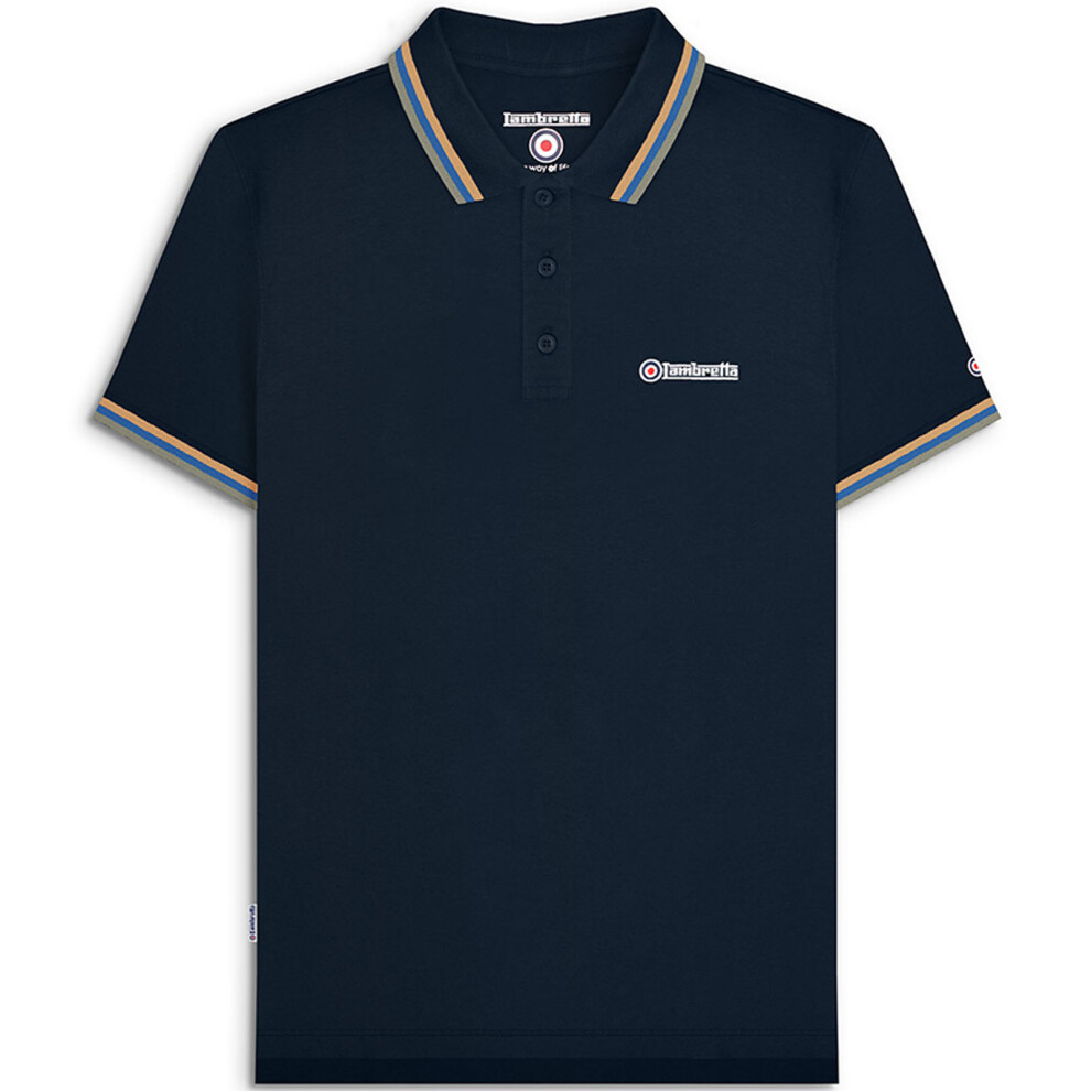 (S, Navy/Sand) Lambretta Mens Triple Tipped Short Sleeve 3 Button Placket Polo Shirt Top