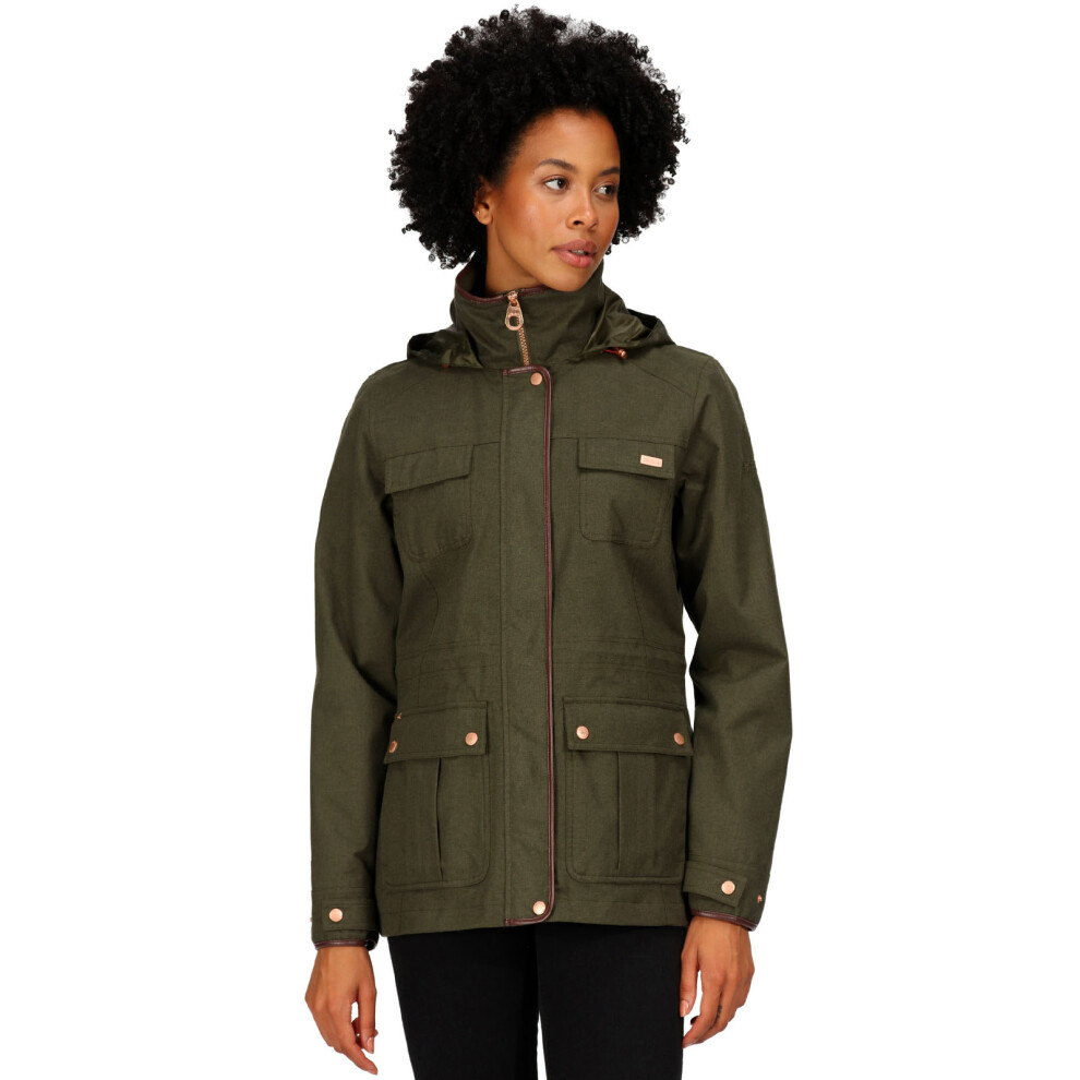 (16, Dark Khaki) Regatta Womens Alixa Waterproof High Collar Outdoor Walking Jacket - Dark Khaki