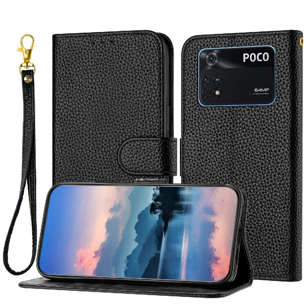 (Black) Phone Case For Xiaomi Poco X4 Pro 5G Pu Lether Litchi Pattern Card Slots Holder Wallet Flip Folio Black 764499987333
