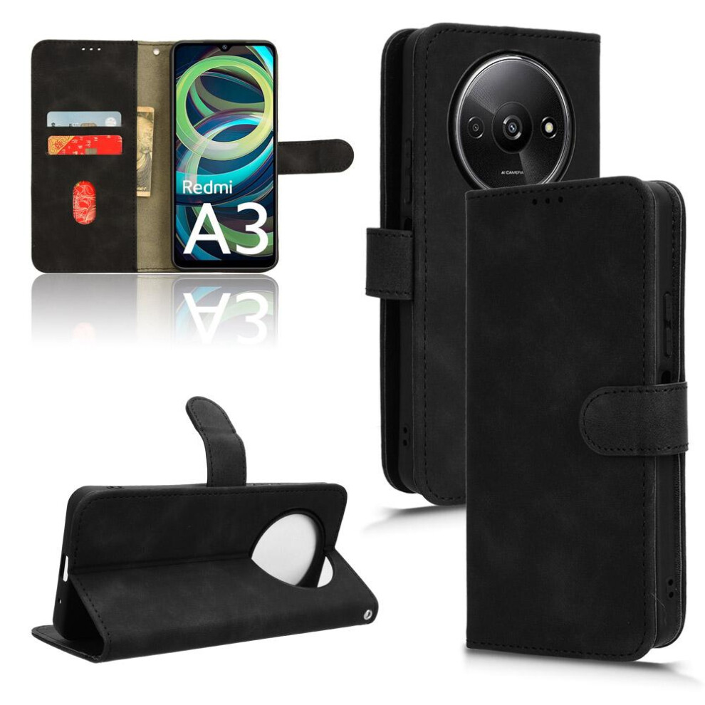(Black) Case For Xiaomi Redmi A3 Full Protection Protective Cover Leather Folio Flip Case With Card Holder Kickstand Card Insertion Black 764499987371