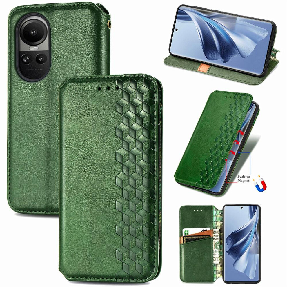 (Green) Case For Oppo Reno 10 Leather Case Wallet Function Flip Cover Fashion Design Exquisite Business Green 764762550318