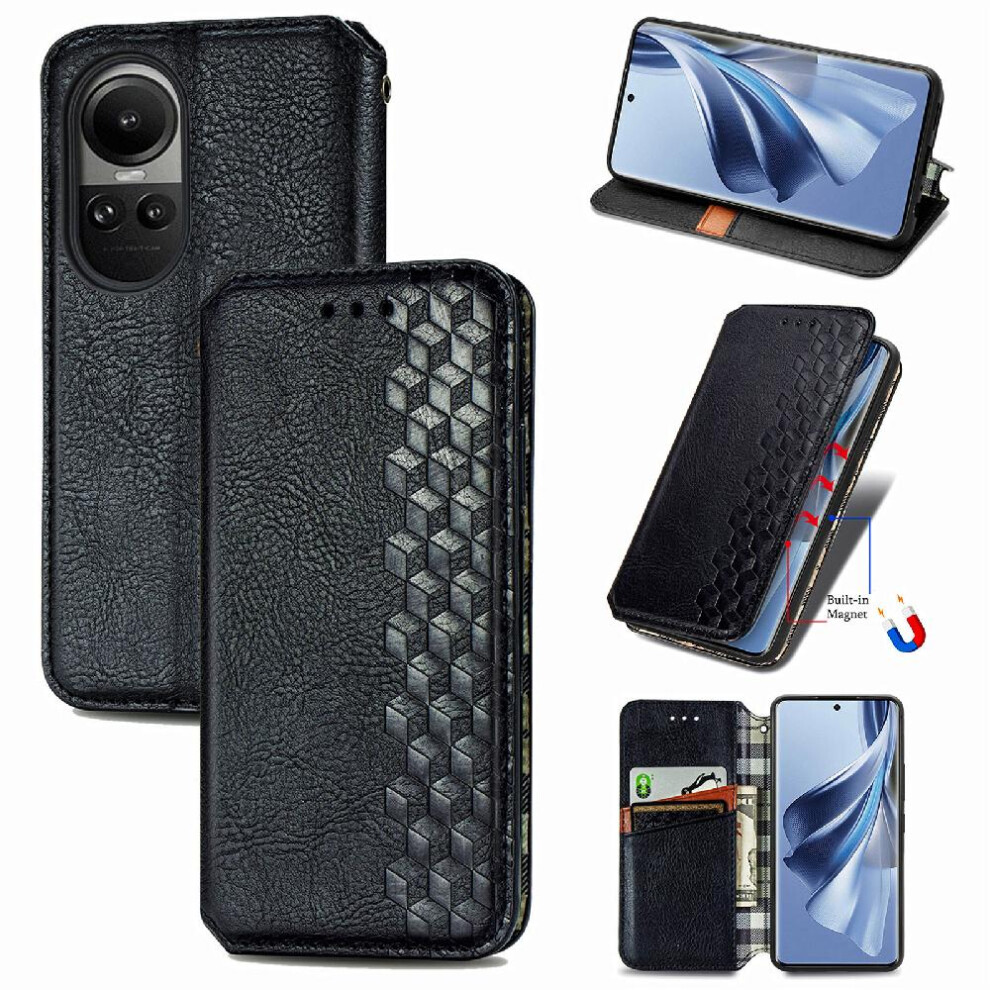 (Black) Case For Oppo Reno 10 Leather Case Wallet Function Flip Cover Fashion Design Exquisite Business Black 764762550295