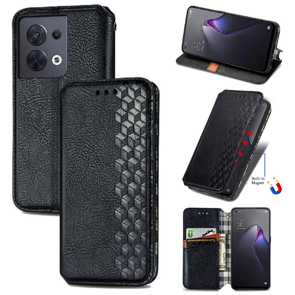 (Black) Case For Oppo Reno 8 Fashion Design Wallet Function Flip Cover Leather Case Exquisite Business Black 764762550356