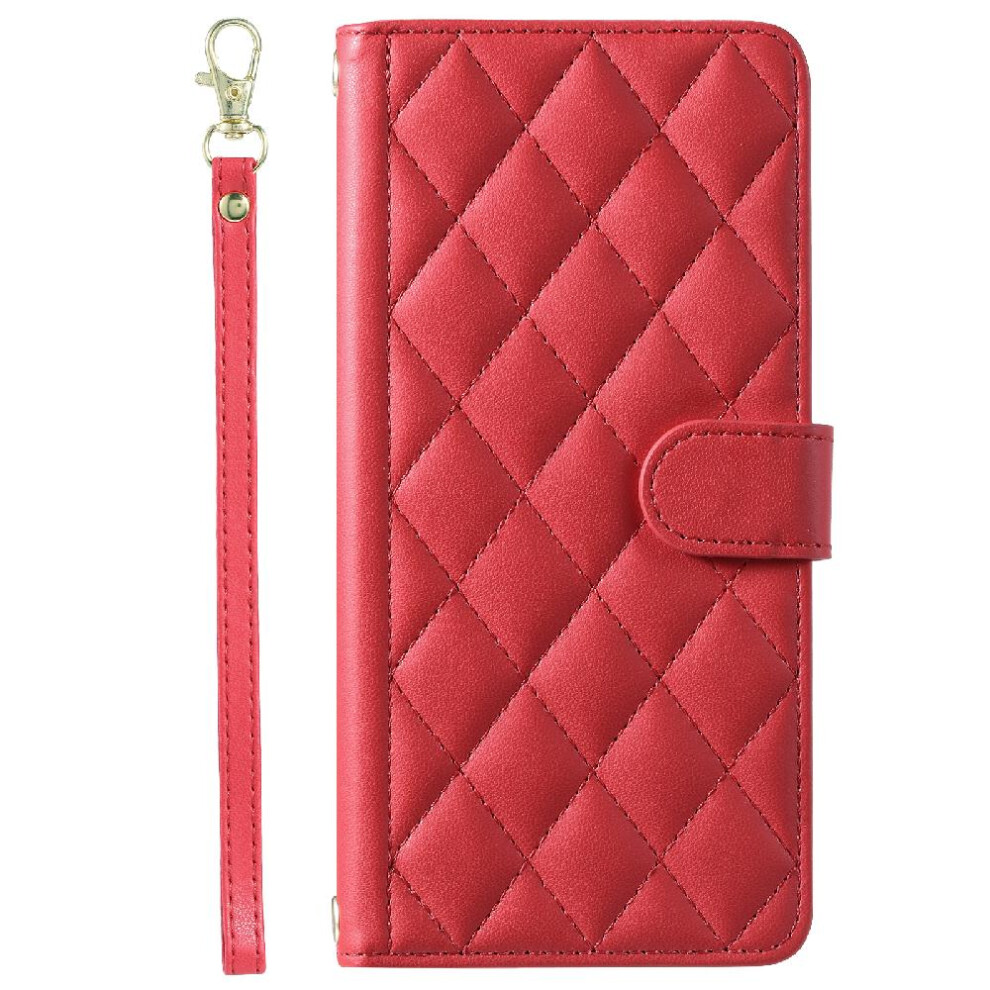 Photos - Case  Phone  For Samsung Galaxy S21 Plus Card Slots Holder Magnetic Hand Strap Lattice Flip Folio Wallet(Red)