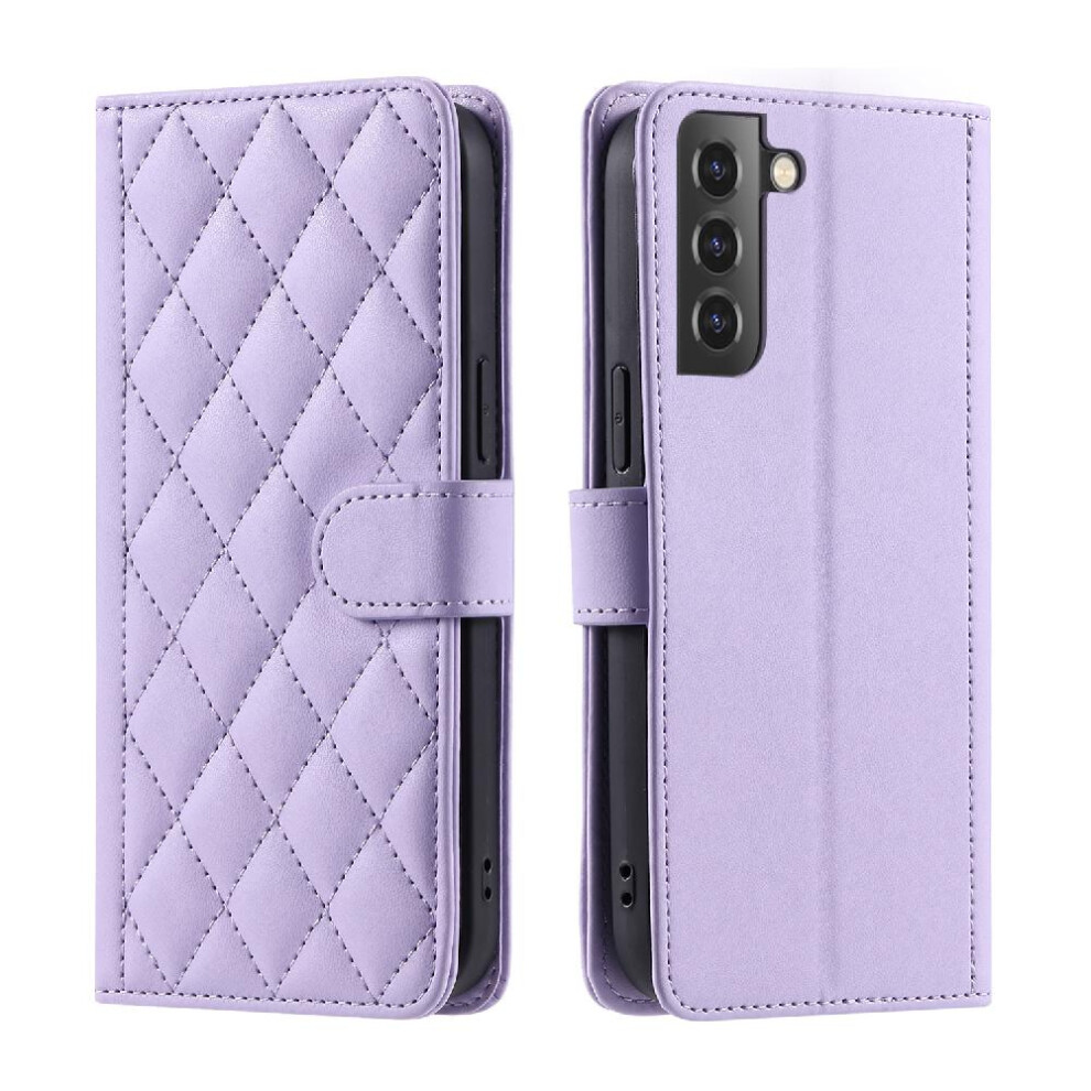 (Purple) Phone Case For Samsung Galaxy S21 Fe Lattice Card Slots Holder Hand Strap Flip Folio Wallet Magnetic Purple 764762551155