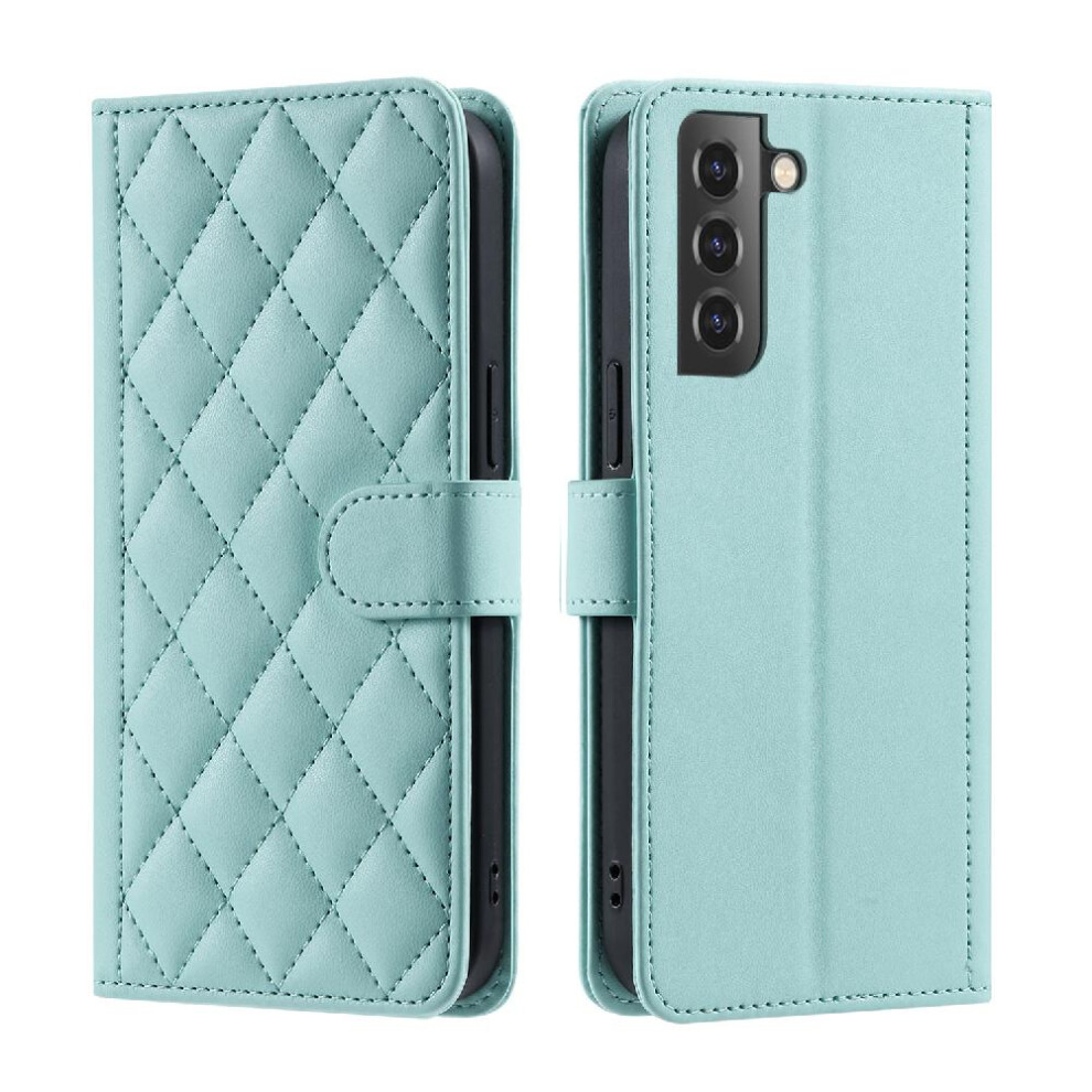 (Green) Phone Case For Samsung Galaxy S21 Fe Lattice Card Slots Holder Hand Strap Flip Folio Wallet Magnetic Green 764762551131