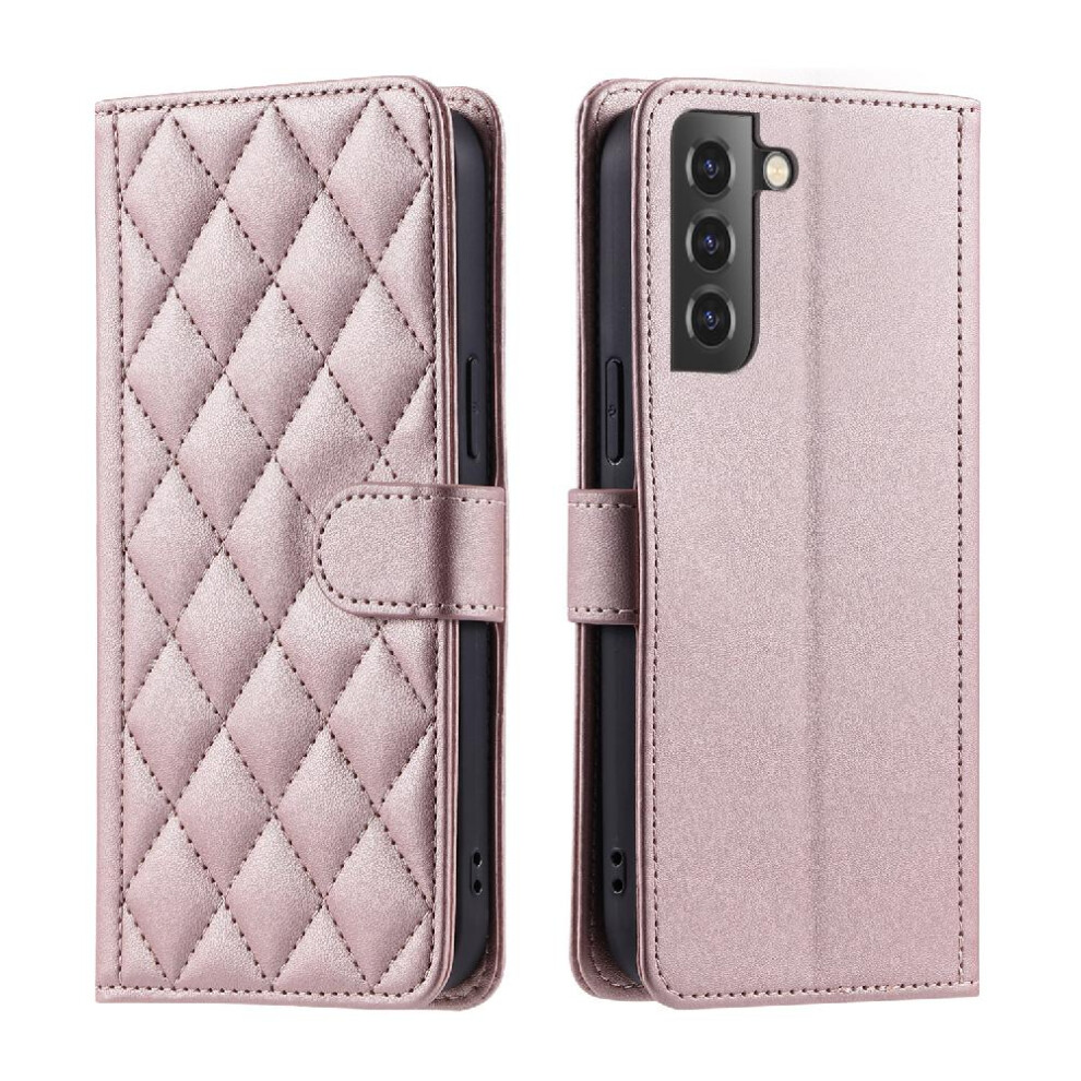 (Pink) Phone Case For Samsung Galaxy S21 Fe Lattice Card Slots Holder Hand Strap Flip Folio Wallet Magnetic Pink 764762551124